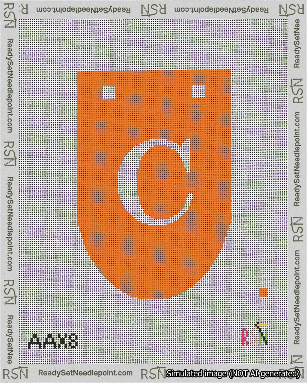 A taped needlepoint canvas with the design: Banner 18 mesh count Rounded C White on Orange.