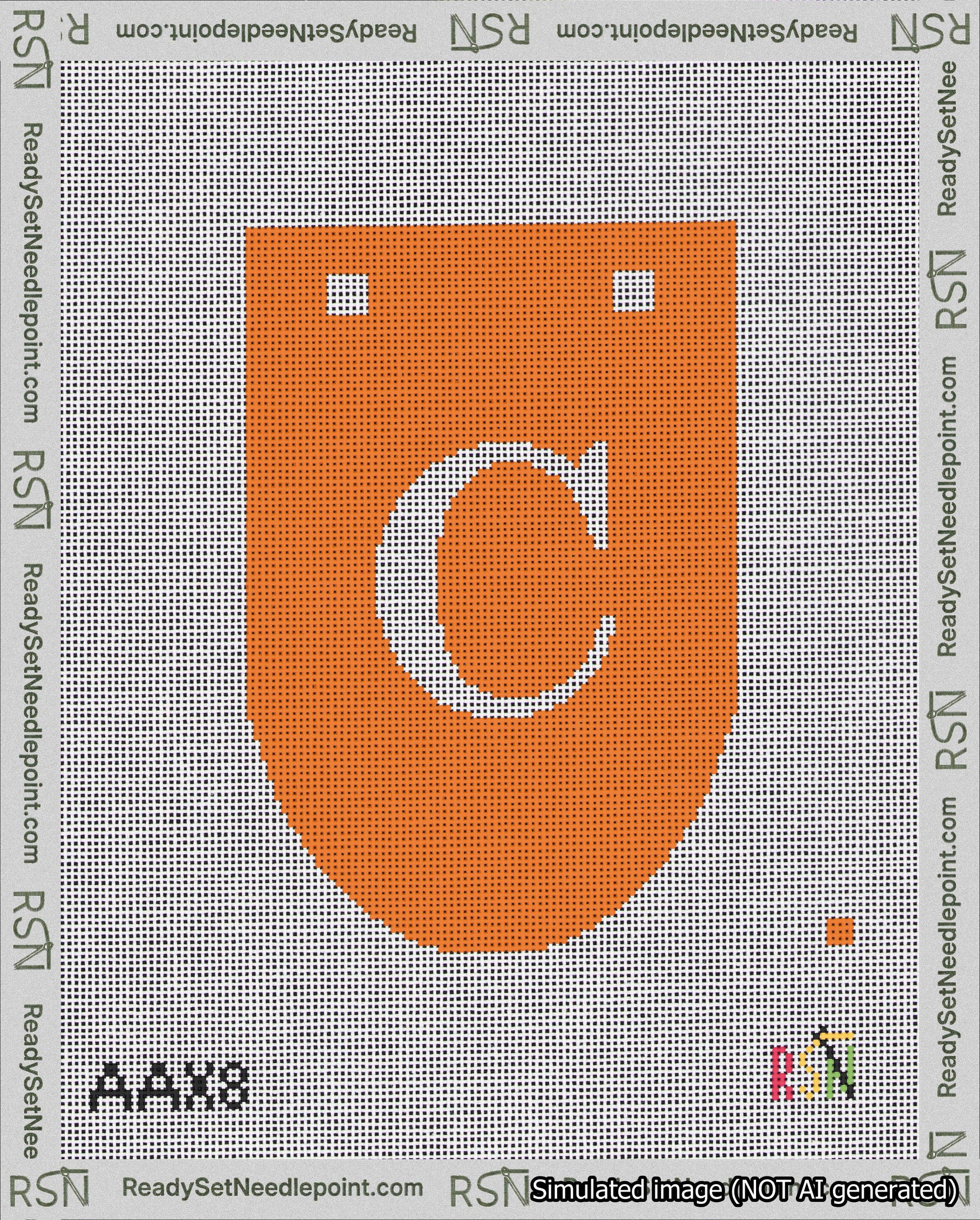 A taped needlepoint canvas with the design: Banner 18 mesh count Rounded C White on Orange.