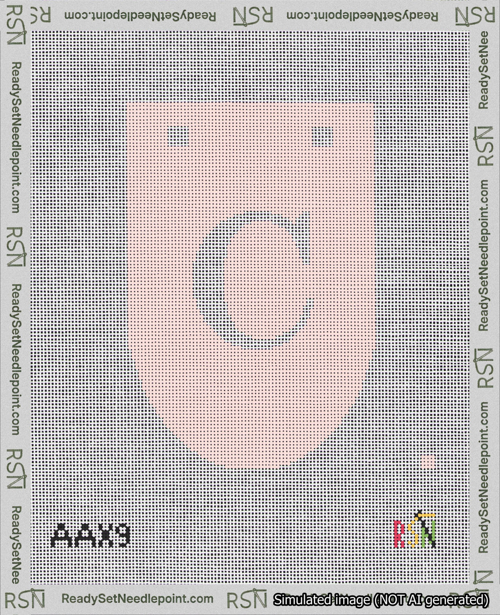 A taped needlepoint canvas with the design: Banner 18 mesh count Rounded C White on Pink.