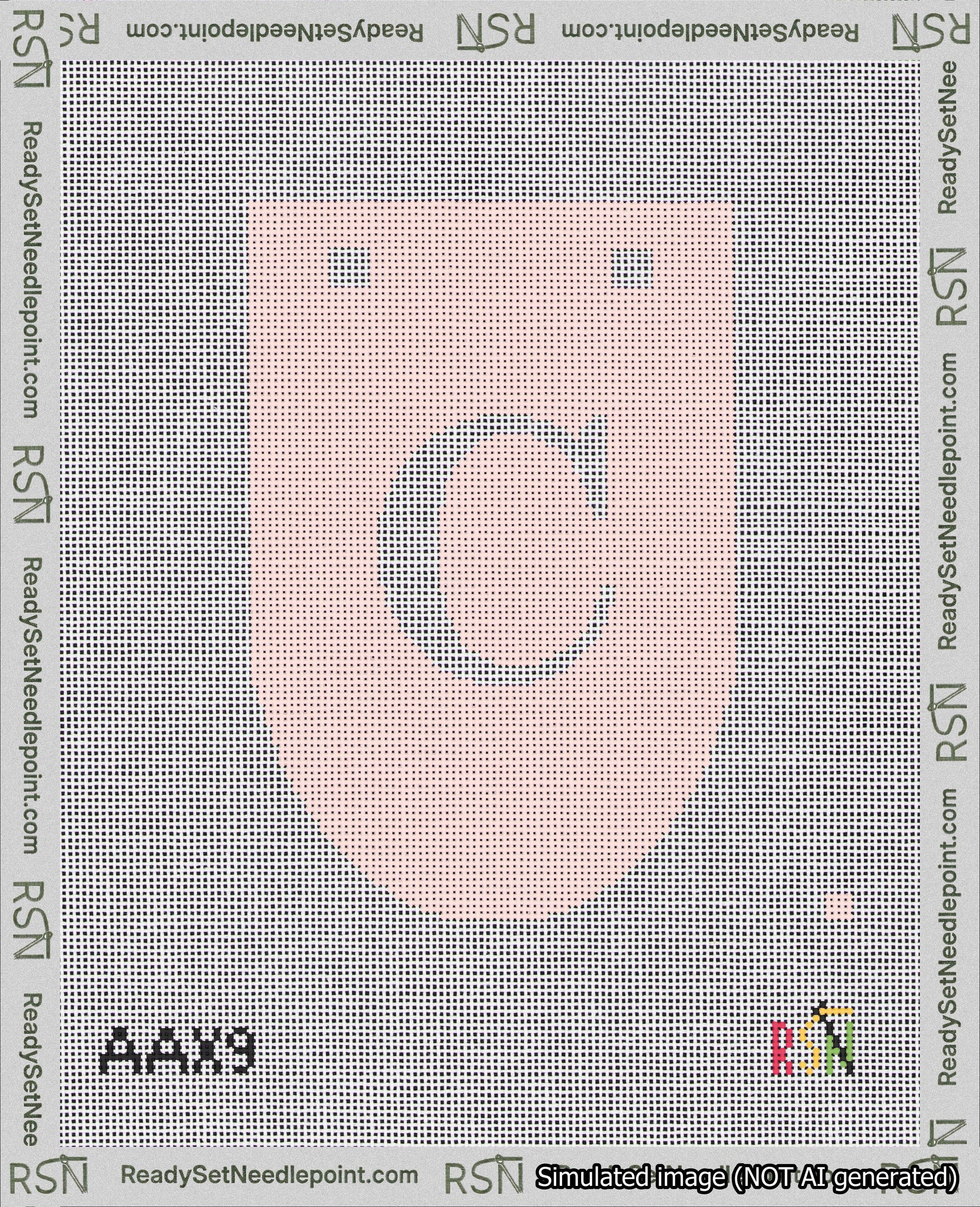A taped needlepoint canvas with the design: Banner 18 mesh count Rounded C White on Pink.