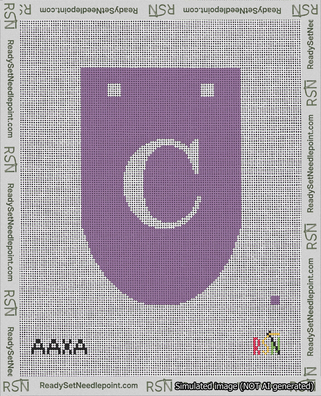 A taped needlepoint canvas with the design: Banner 18 mesh count Rounded C White on Purple.