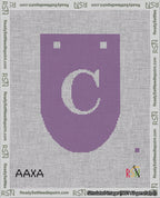 A taped needlepoint canvas with the design: Banner 18 mesh count Rounded C White on Purple.