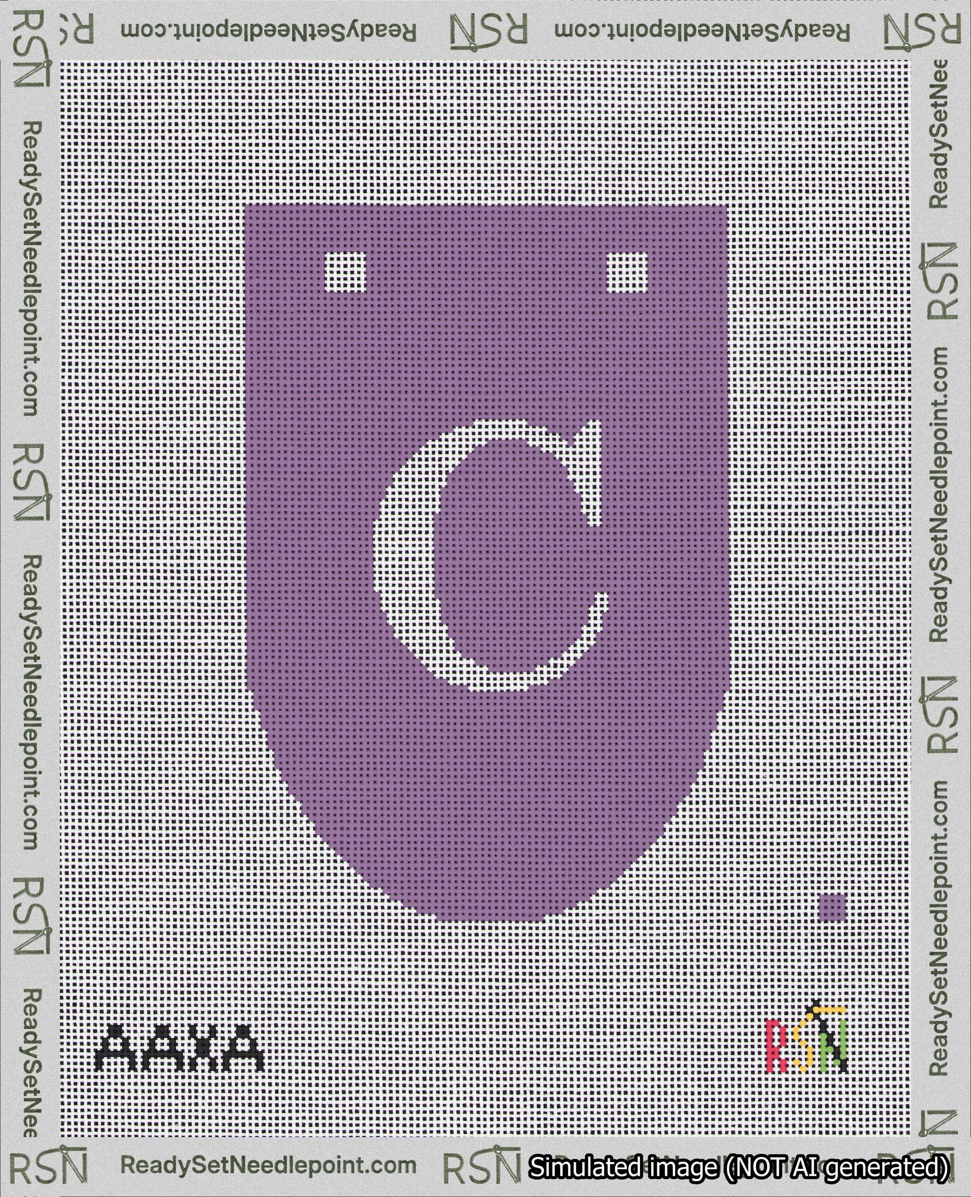 A taped needlepoint canvas with the design: Banner 18 mesh count Rounded C White on Purple.