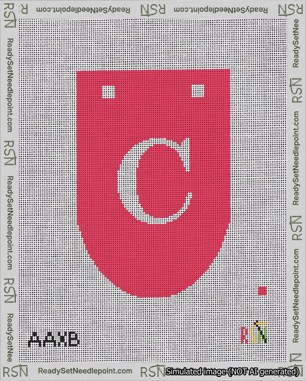A taped needlepoint canvas with the design: Banner 18 mesh count Rounded C White on Red.