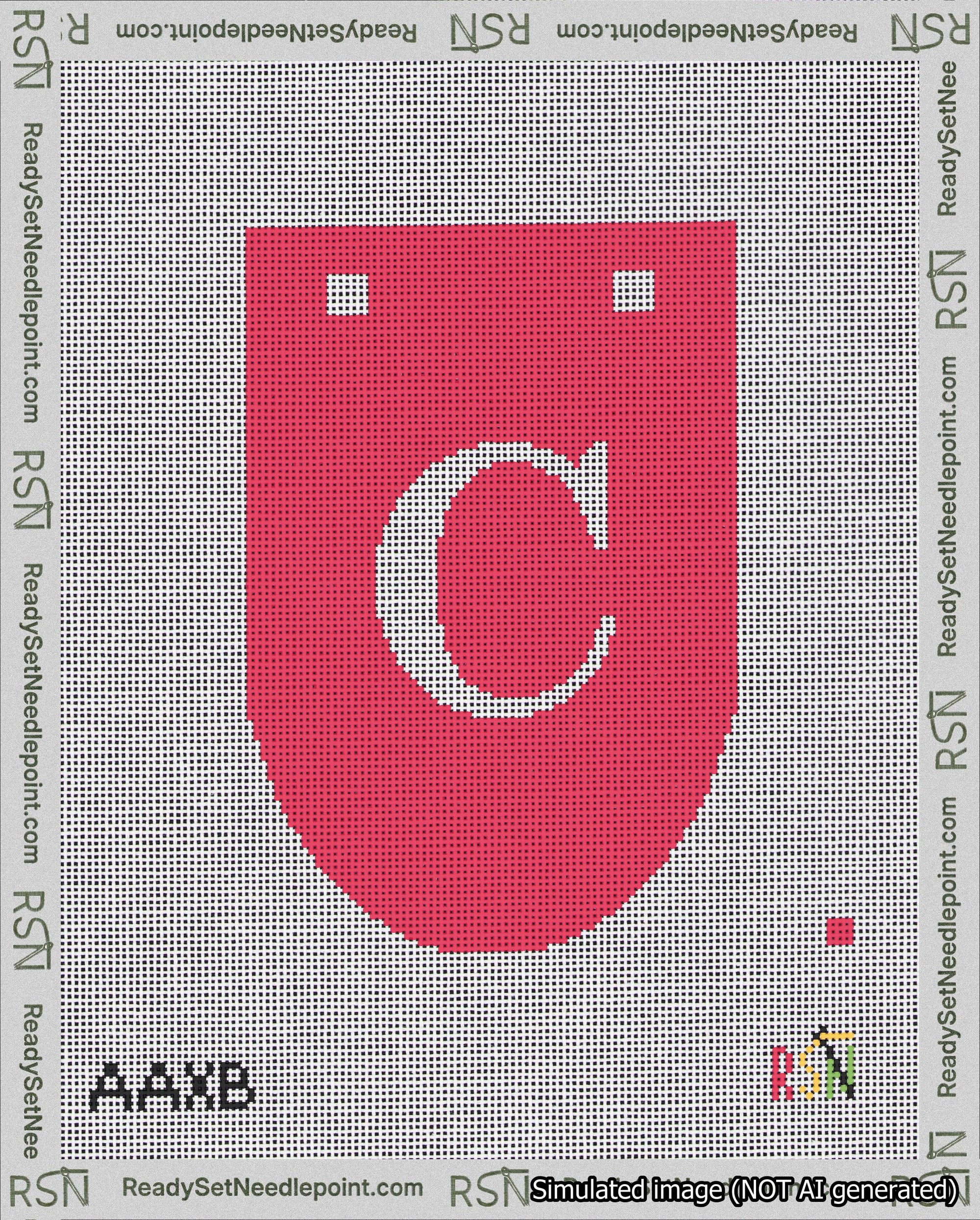 A taped needlepoint canvas with the design: Banner 18 mesh count Rounded C White on Red.