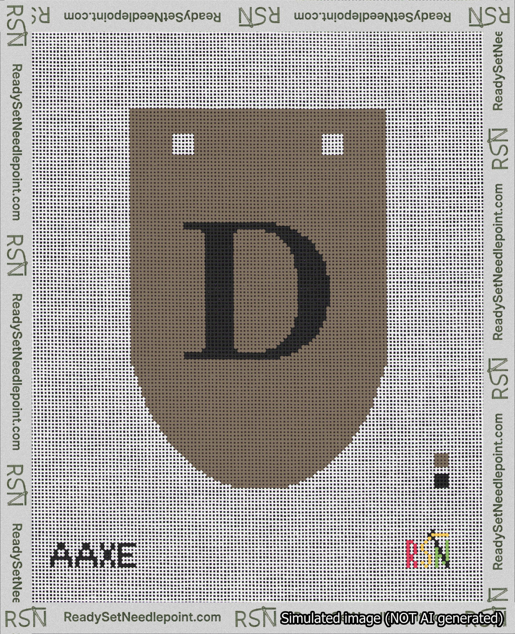 A taped needlepoint canvas with the design: Banner 18 mesh count Rounded D Black on Brown.