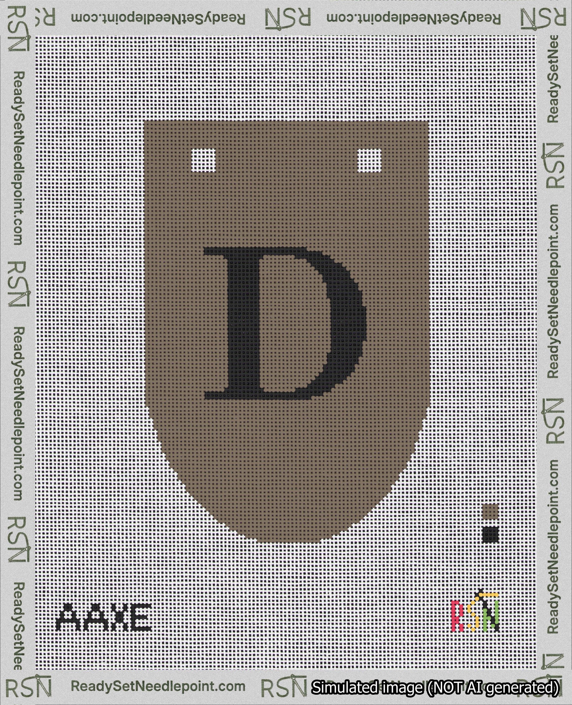A taped needlepoint canvas with the design: Banner 18 mesh count Rounded D Black on Brown.