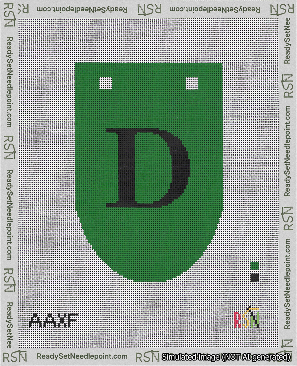 A taped needlepoint canvas with the design: Banner 18 mesh count Rounded D Black on Green.