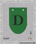 A taped needlepoint canvas with the design: Banner 18 mesh count Rounded D Black on Green.