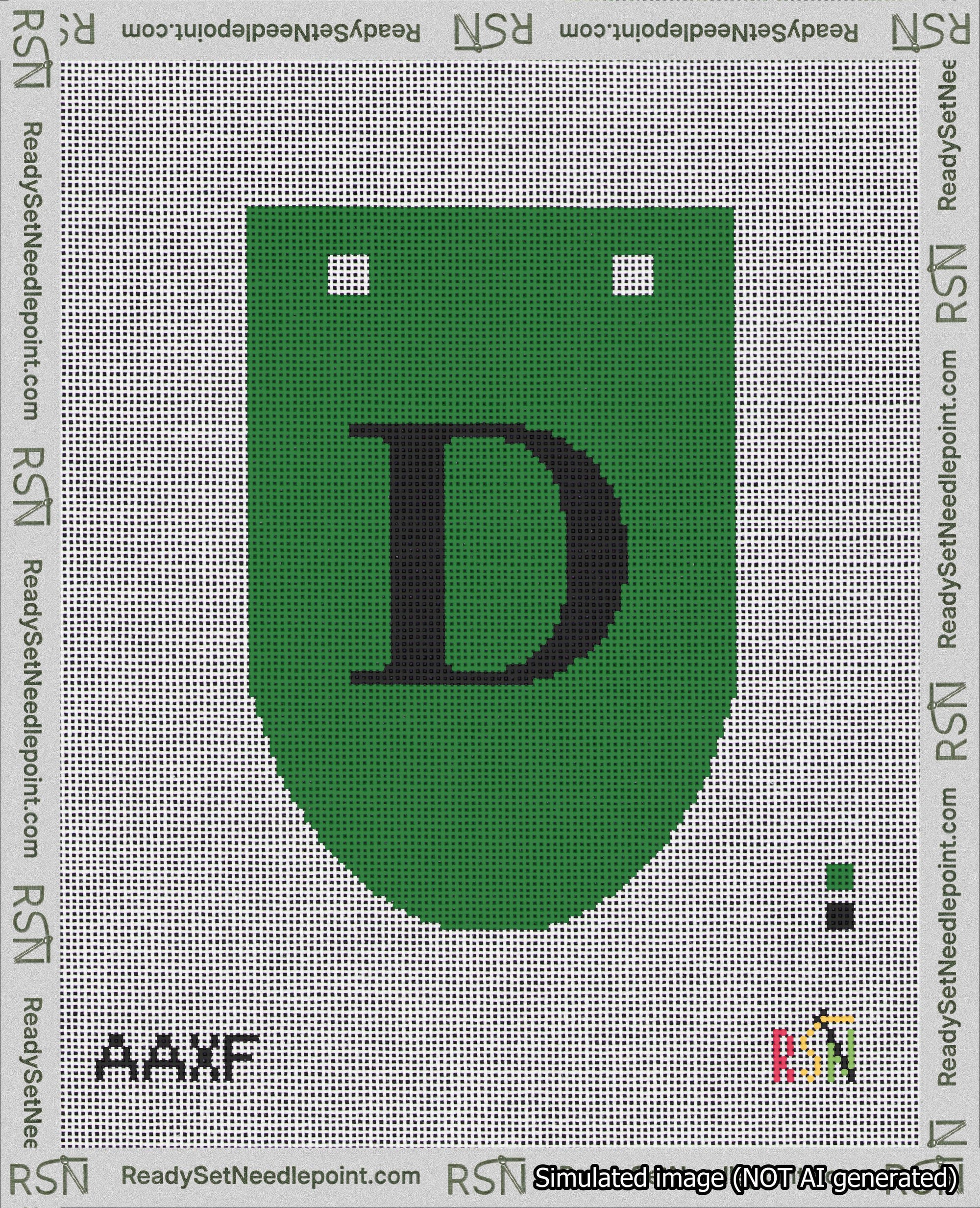 A taped needlepoint canvas with the design: Banner 18 mesh count Rounded D Black on Green.