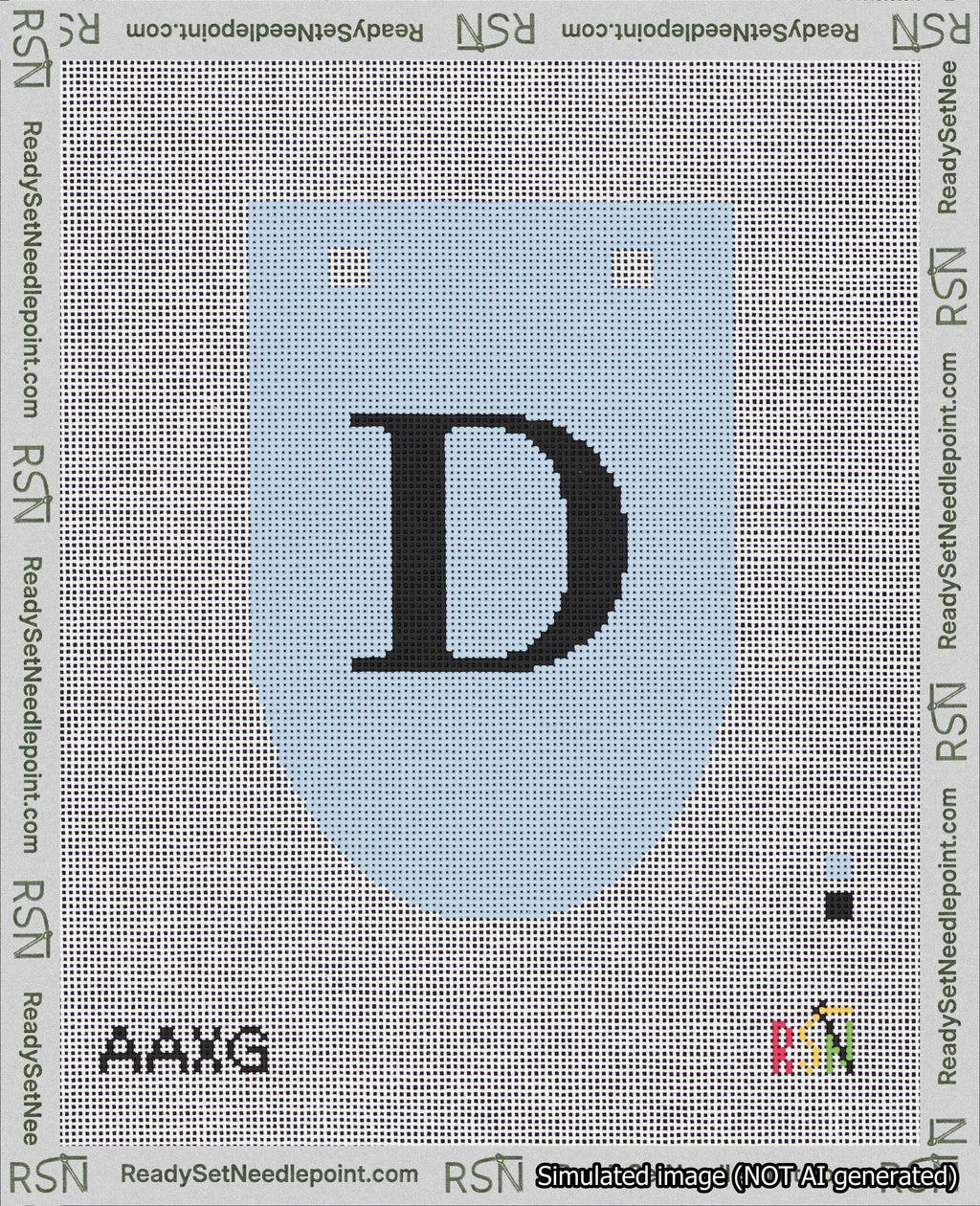 A taped needlepoint canvas with the design: Banner 18 mesh count Rounded D Black on Light Blue.