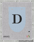 A taped needlepoint canvas with the design: Banner 18 mesh count Rounded D Black on Light Blue.