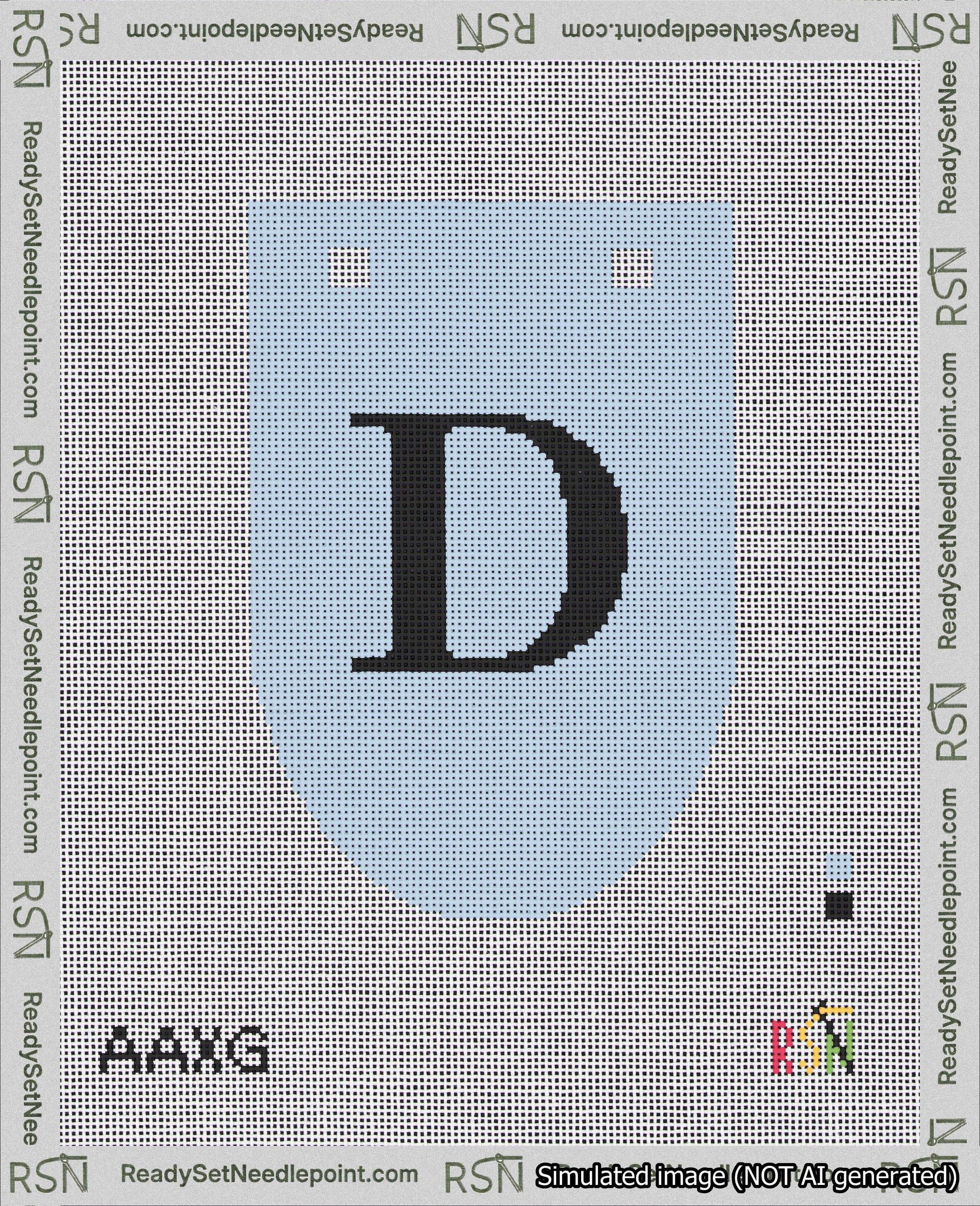 A taped needlepoint canvas with the design: Banner 18 mesh count Rounded D Black on Light Blue.