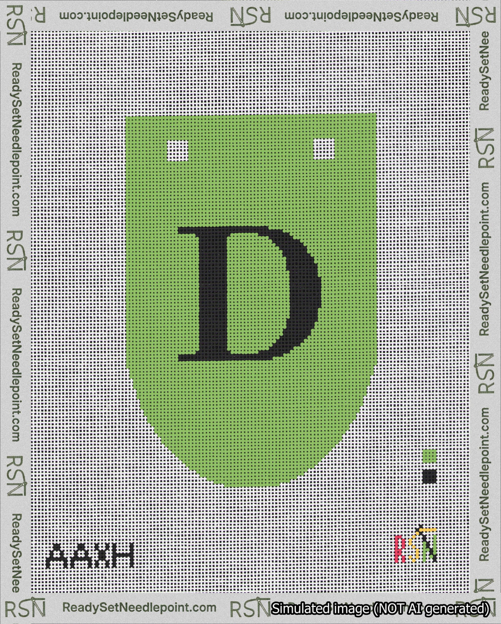 A taped needlepoint canvas with the design: Banner 18 mesh count Rounded D Black on Light Green.