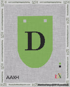 A taped needlepoint canvas with the design: Banner 18 mesh count Rounded D Black on Light Green.