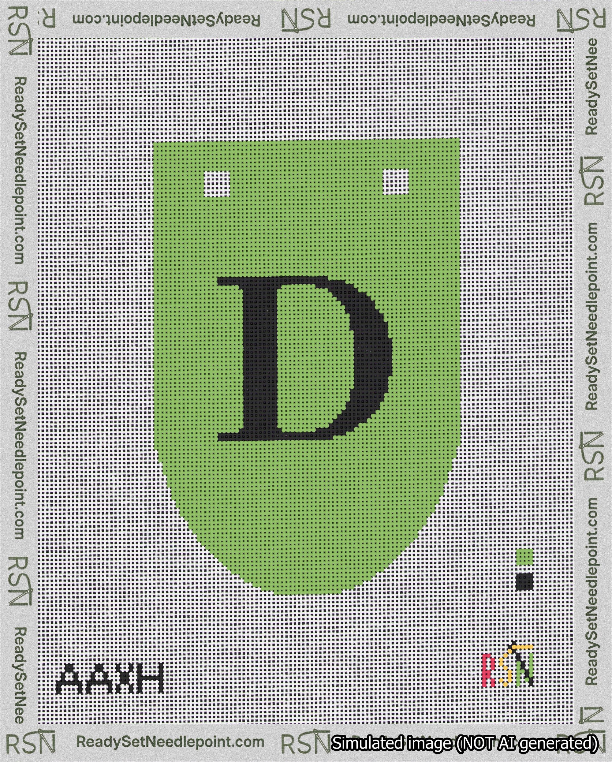 A taped needlepoint canvas with the design: Banner 18 mesh count Rounded D Black on Light Green.