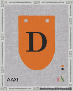 A taped needlepoint canvas with the design: Banner 18 mesh count Rounded D Black on Orange.