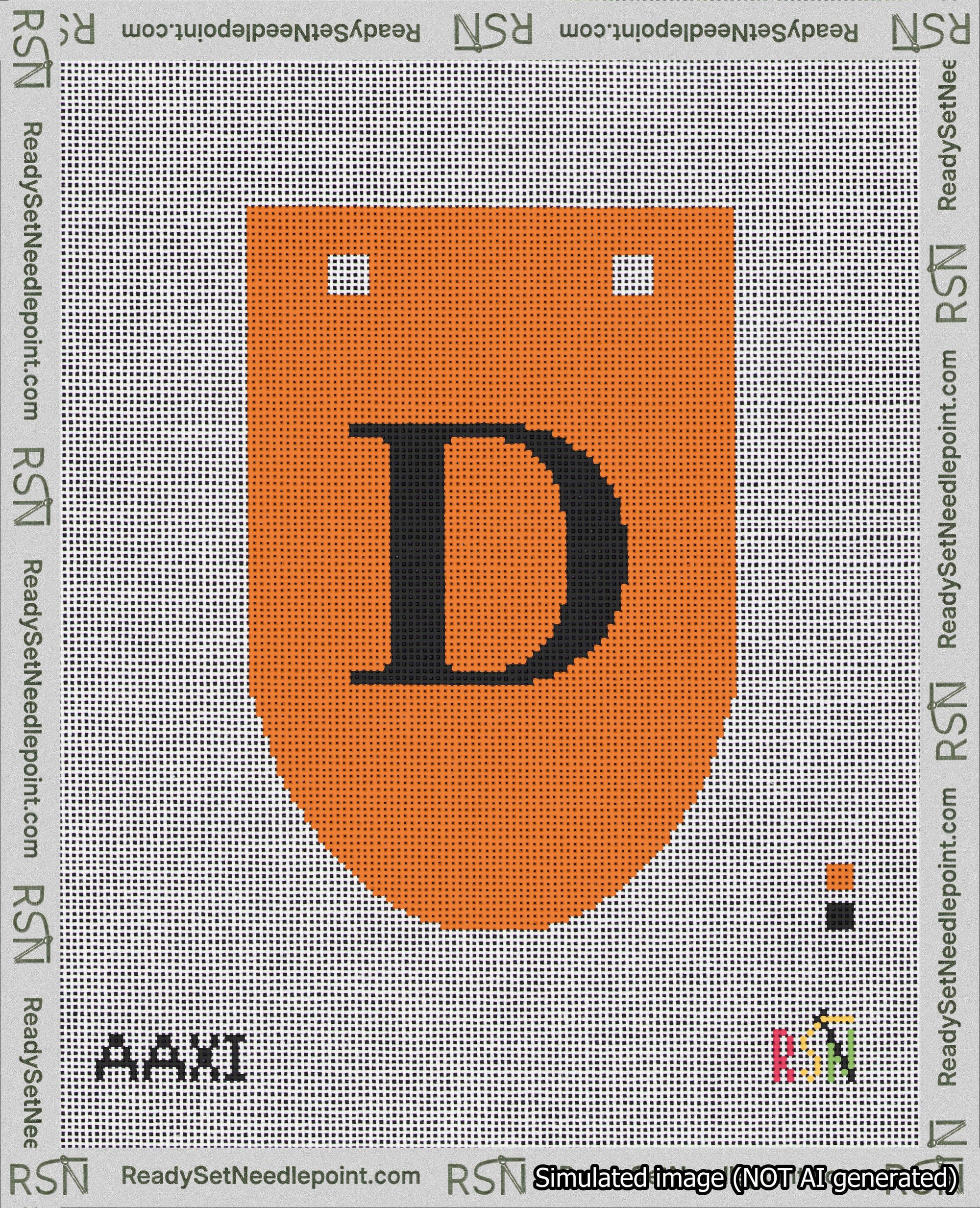 A taped needlepoint canvas with the design: Banner 18 mesh count Rounded D Black on Orange.