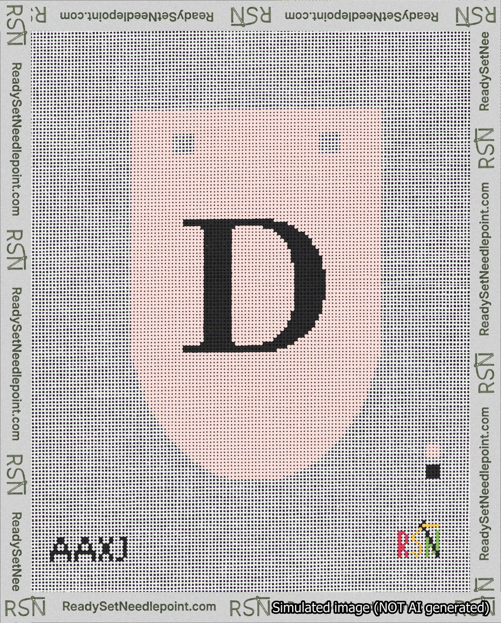 A taped needlepoint canvas with the design: Banner 18 mesh count Rounded D Black on Pink.