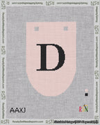 A taped needlepoint canvas with the design: Banner 18 mesh count Rounded D Black on Pink.