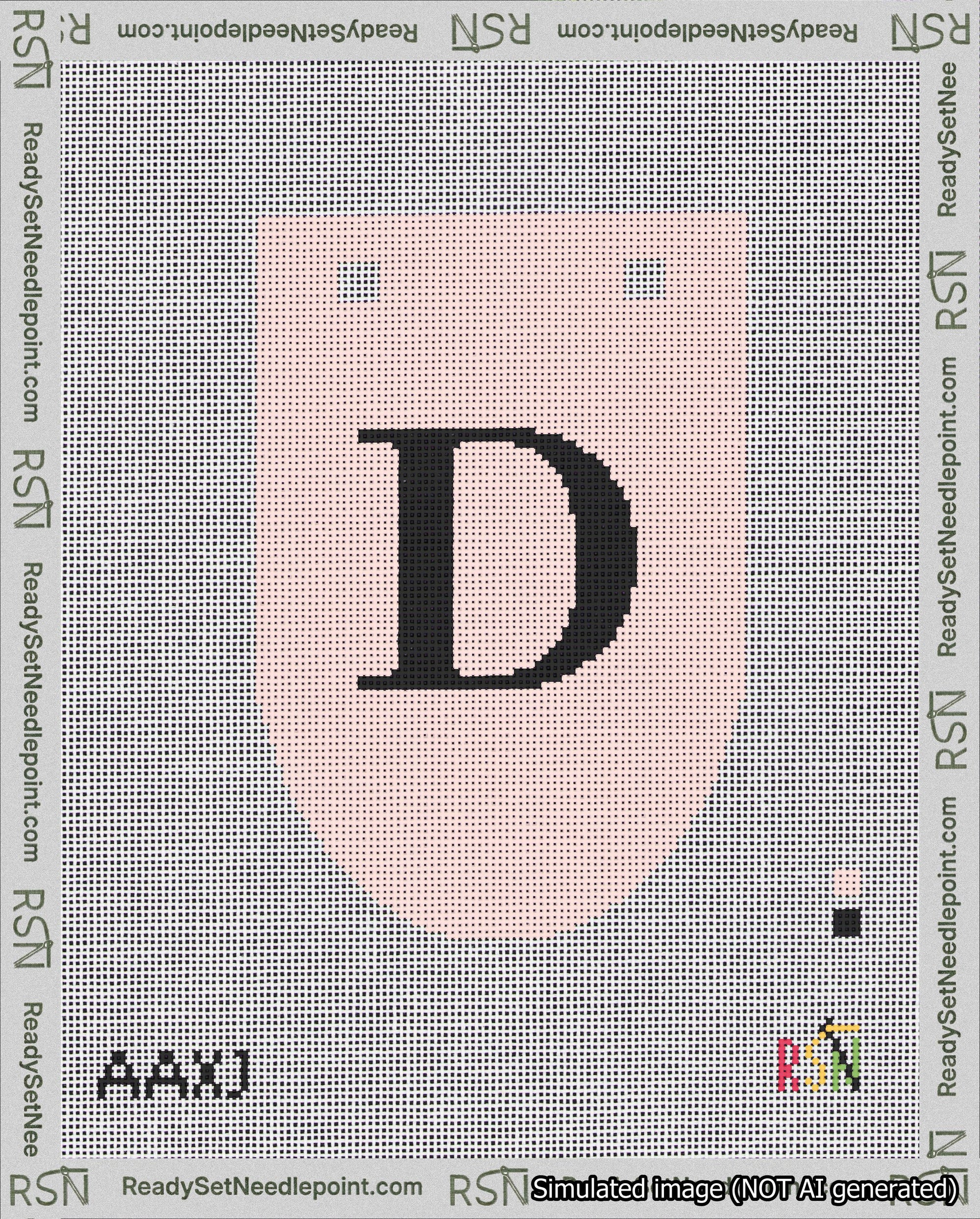 A taped needlepoint canvas with the design: Banner 18 mesh count Rounded D Black on Pink.