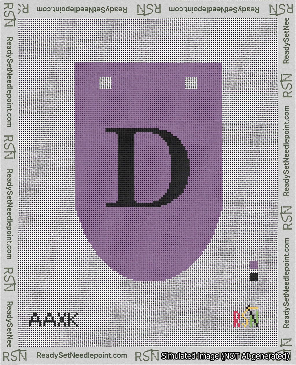 A taped needlepoint canvas with the design: Banner 18 mesh count Rounded D Black on Purple.