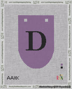 A taped needlepoint canvas with the design: Banner 18 mesh count Rounded D Black on Purple.
