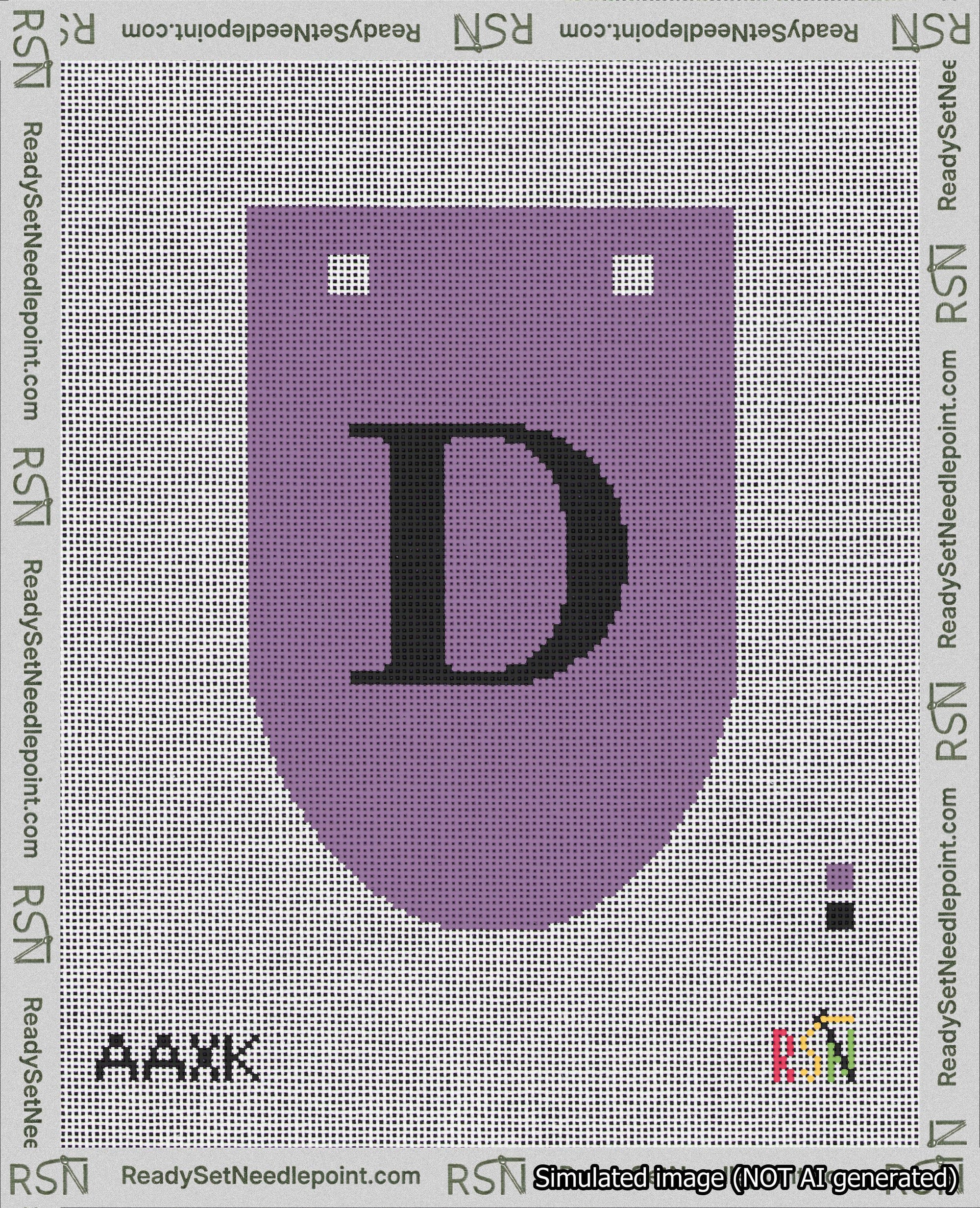 A taped needlepoint canvas with the design: Banner 18 mesh count Rounded D Black on Purple.