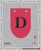 A taped needlepoint canvas with the design: Banner 18 mesh count Rounded D Black on Red.