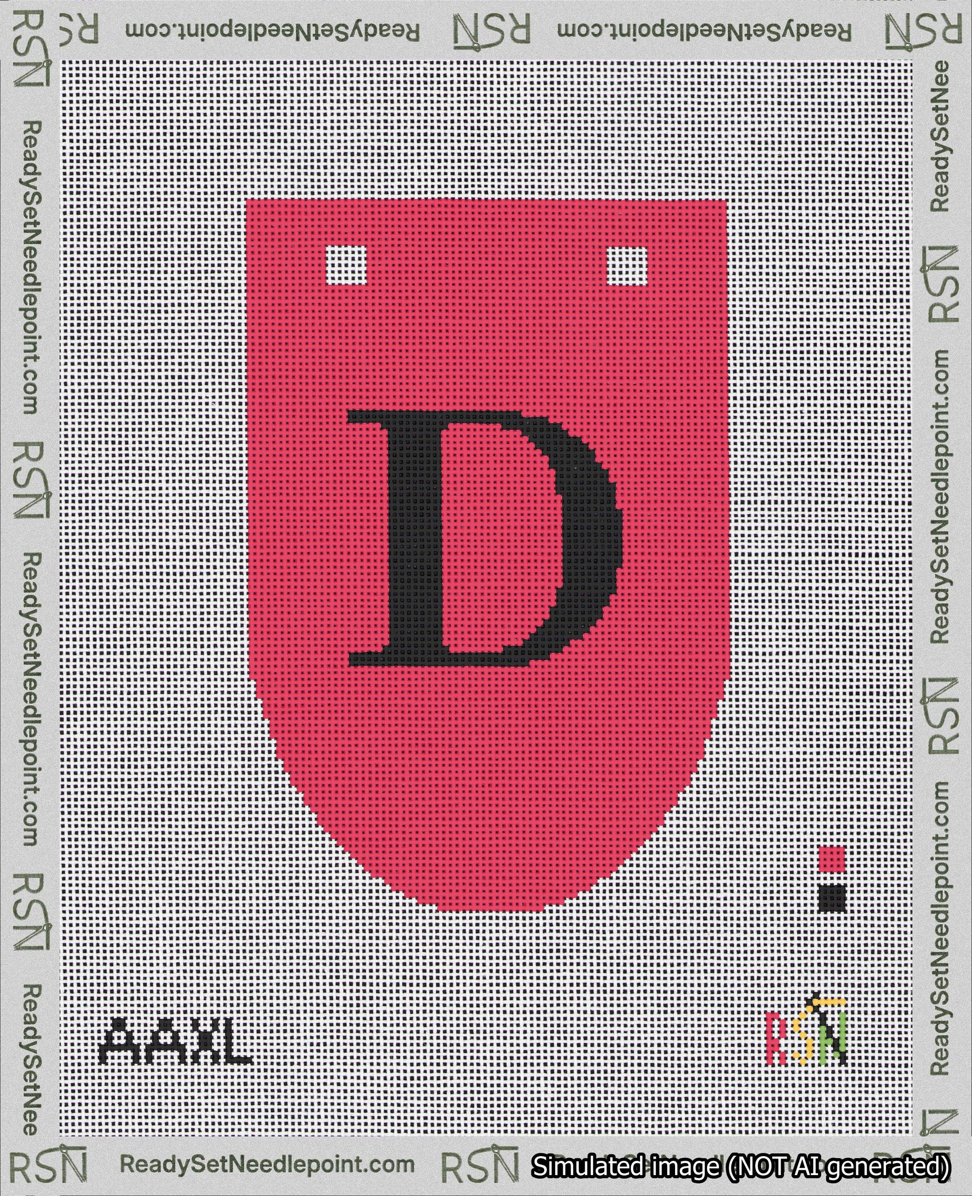 A taped needlepoint canvas with the design: Banner 18 mesh count Rounded D Black on Red.