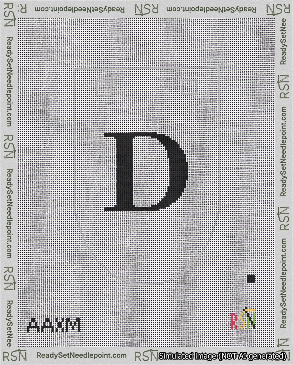 A taped needlepoint canvas with the design: Banner 18 mesh count Rounded D Black on White.