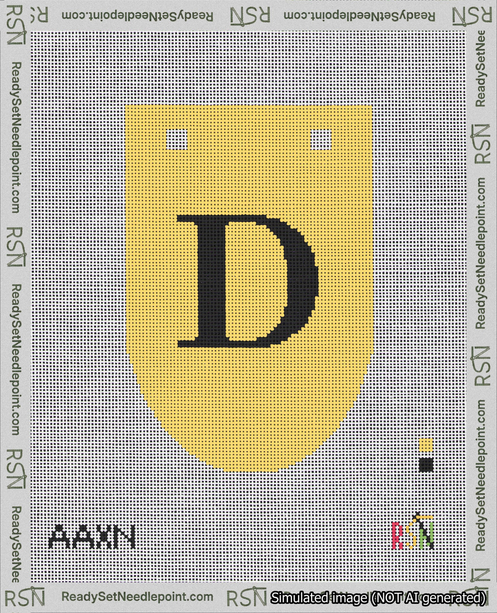 A taped needlepoint canvas with the design: Banner 18 mesh count Rounded D Black on Yellow.