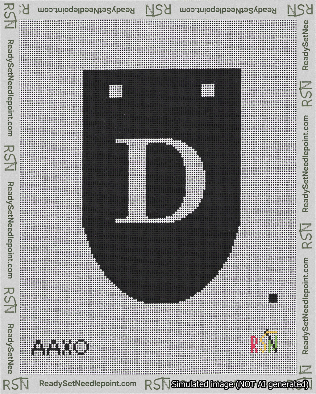 A taped needlepoint canvas with the design: Banner 18 mesh count Rounded D White on Black.