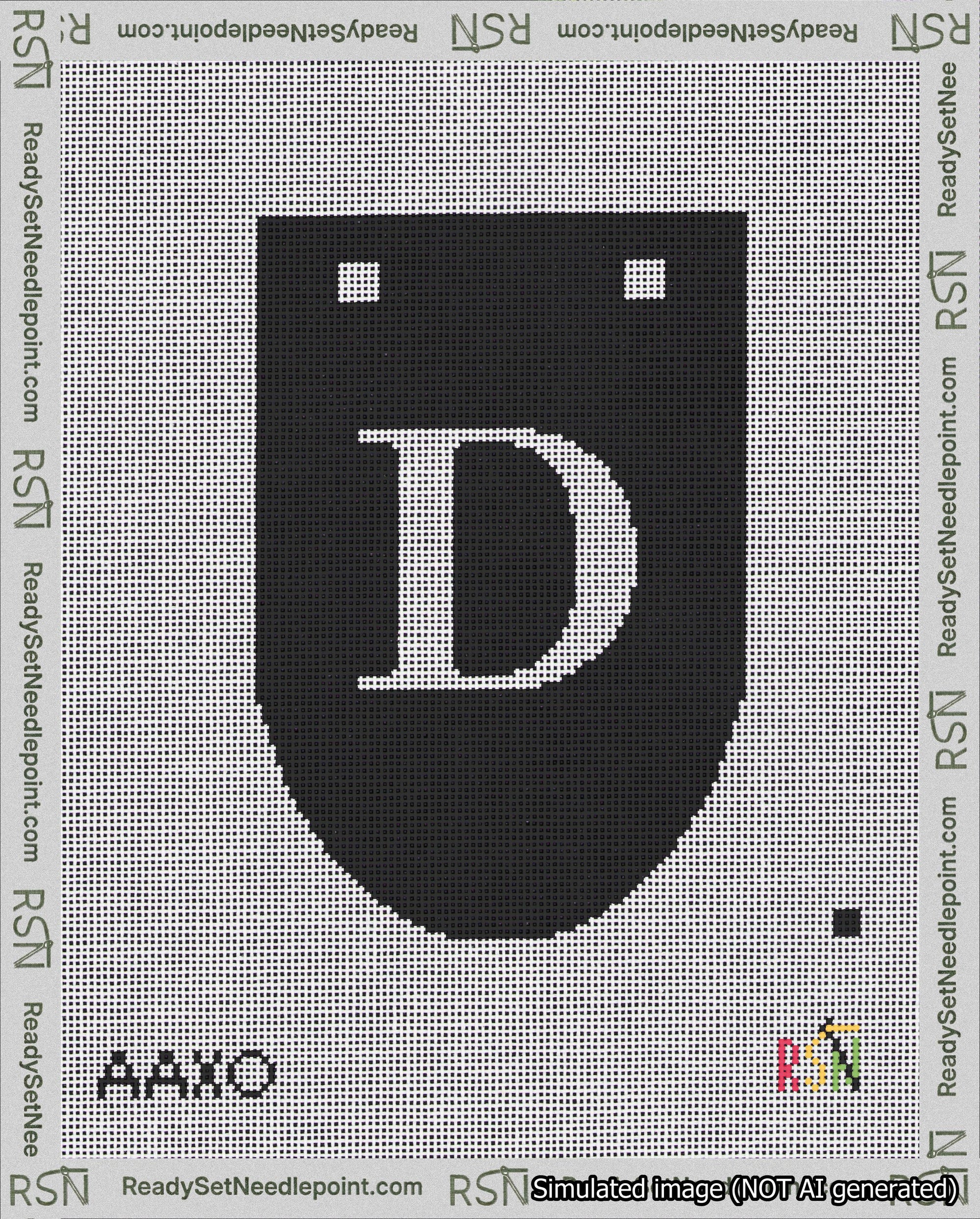 A taped needlepoint canvas with the design: Banner 18 mesh count Rounded D White on Black.