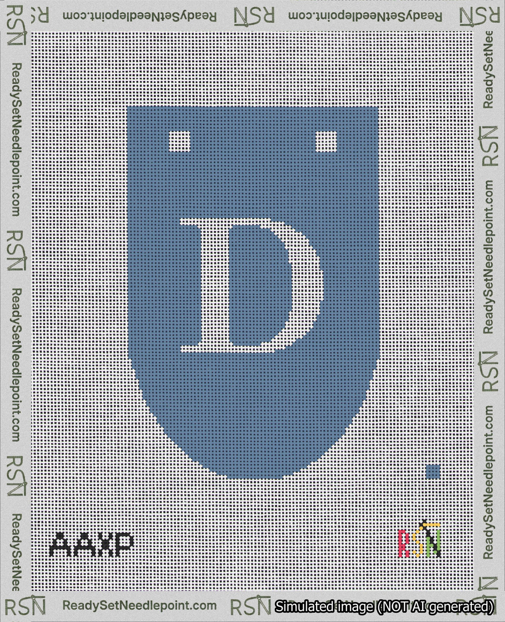 A taped needlepoint canvas with the design: Banner 18 mesh count Rounded D White on Blue.