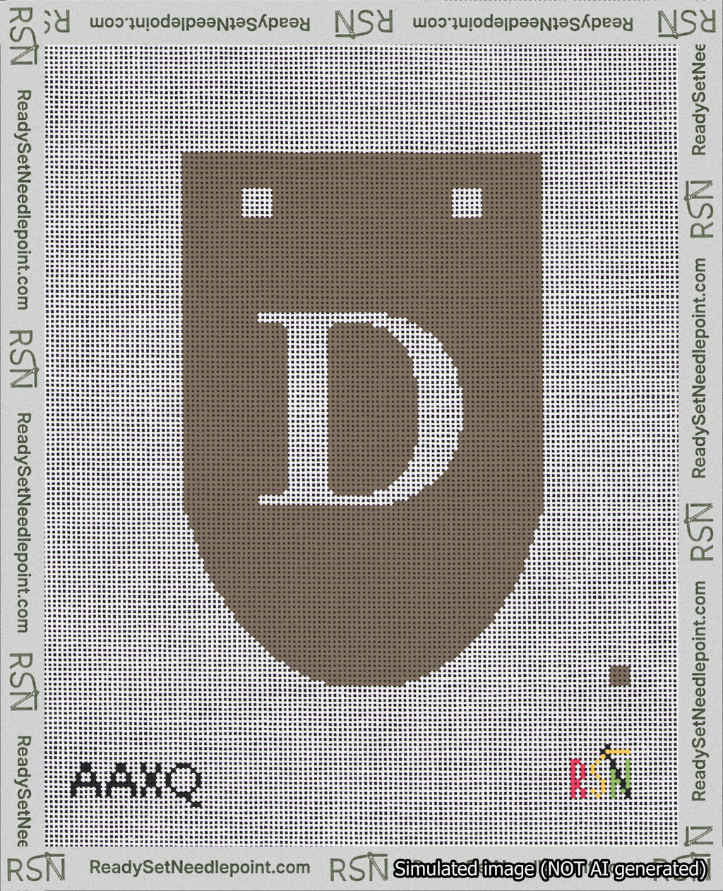 A taped needlepoint canvas with the design: Banner 18 mesh count Rounded D White on Brown.