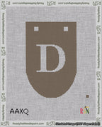 A taped needlepoint canvas with the design: Banner 18 mesh count Rounded D White on Brown.