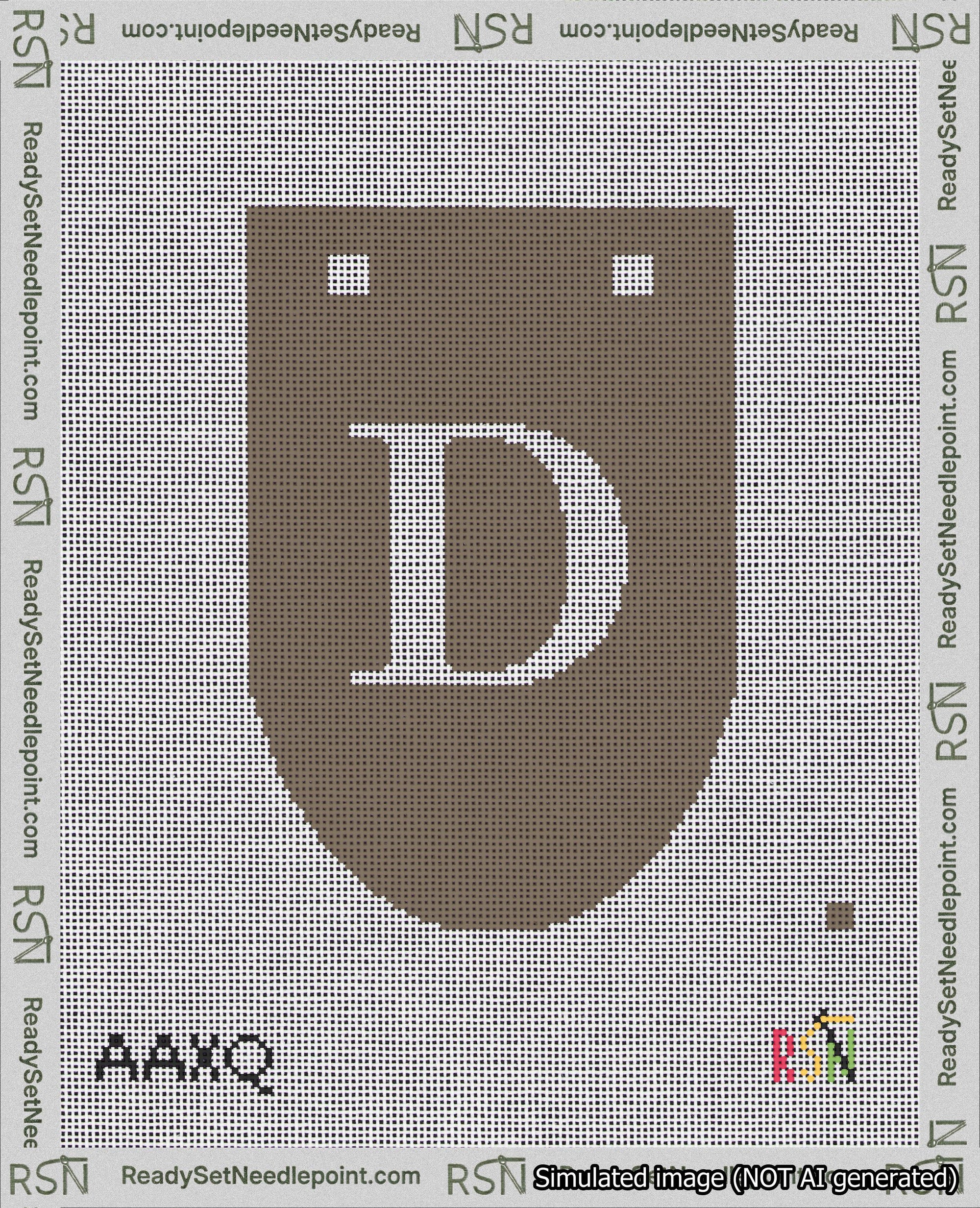 A taped needlepoint canvas with the design: Banner 18 mesh count Rounded D White on Brown.