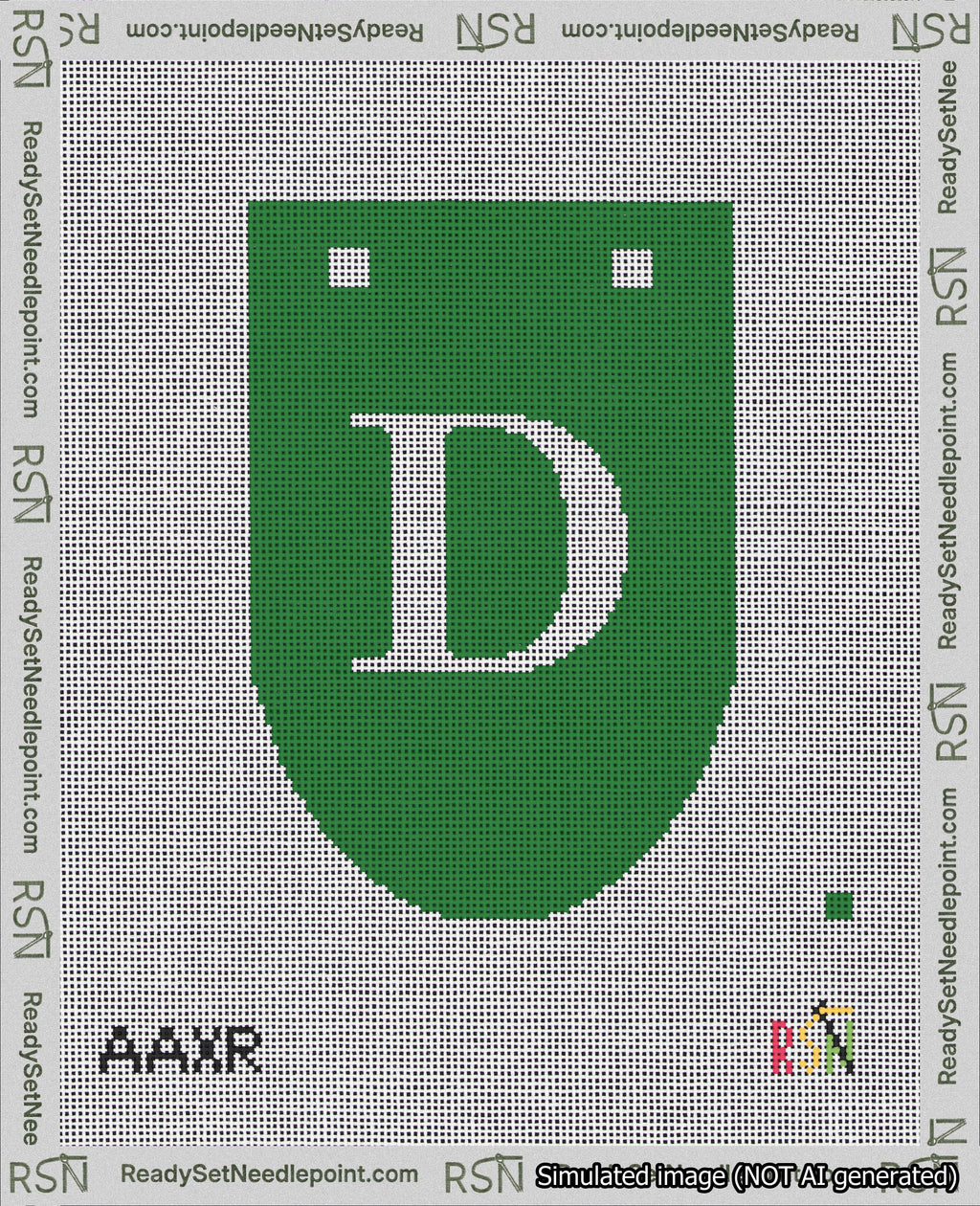A taped needlepoint canvas with the design: Banner 18 mesh count Rounded D White on Green.
