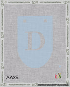 A taped needlepoint canvas with the design: Banner 18 mesh count Rounded D White on Light Blue.
