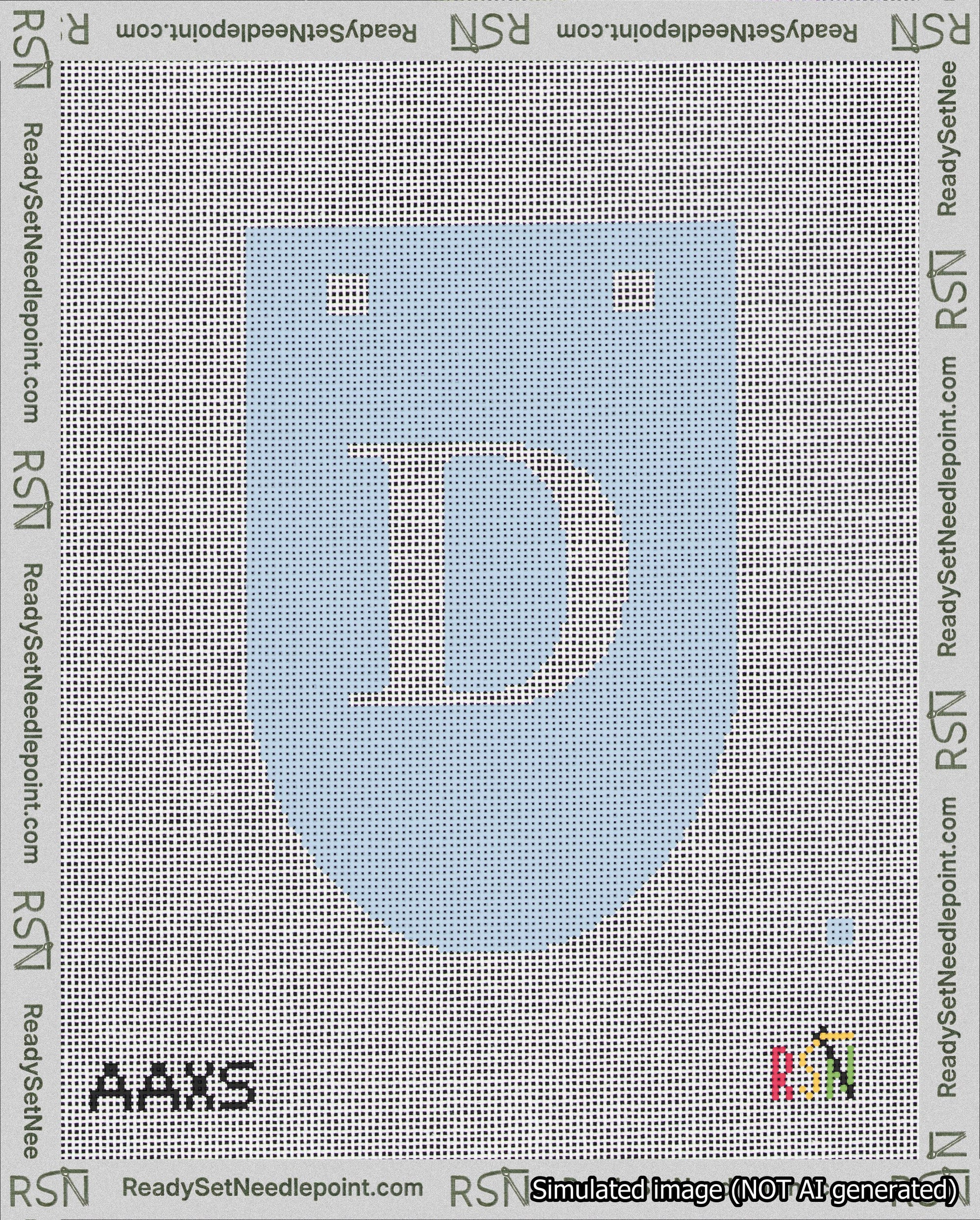 A taped needlepoint canvas with the design: Banner 18 mesh count Rounded D White on Light Blue.