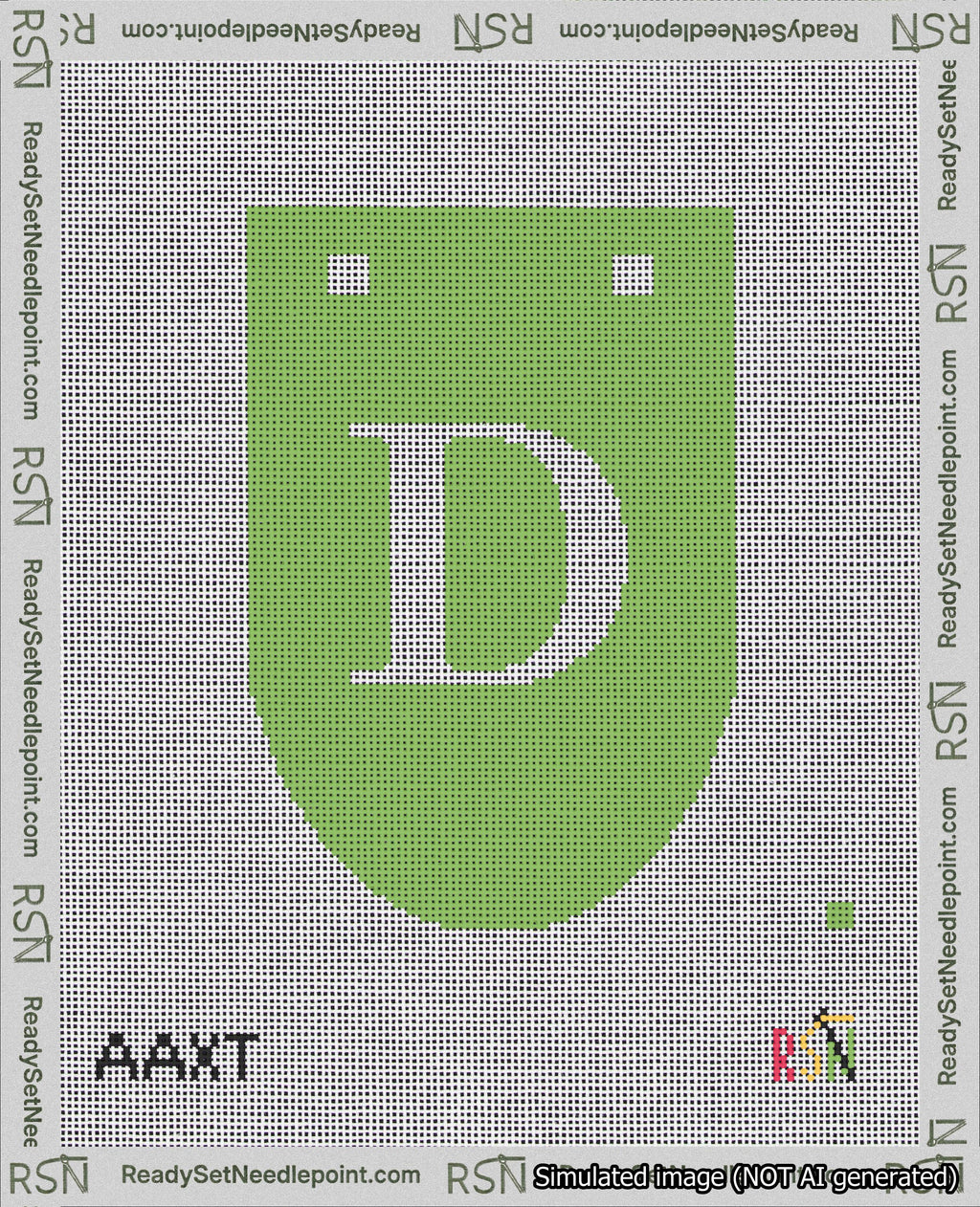 A taped needlepoint canvas with the design: Banner 18 mesh count Rounded D White on Light Green.