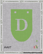 A taped needlepoint canvas with the design: Banner 18 mesh count Rounded D White on Light Green.