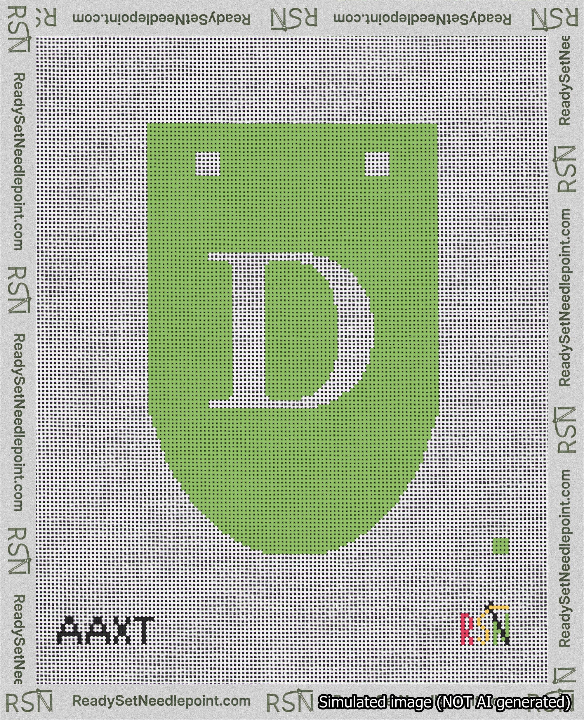 A taped needlepoint canvas with the design: Banner 18 mesh count Rounded D White on Light Green.