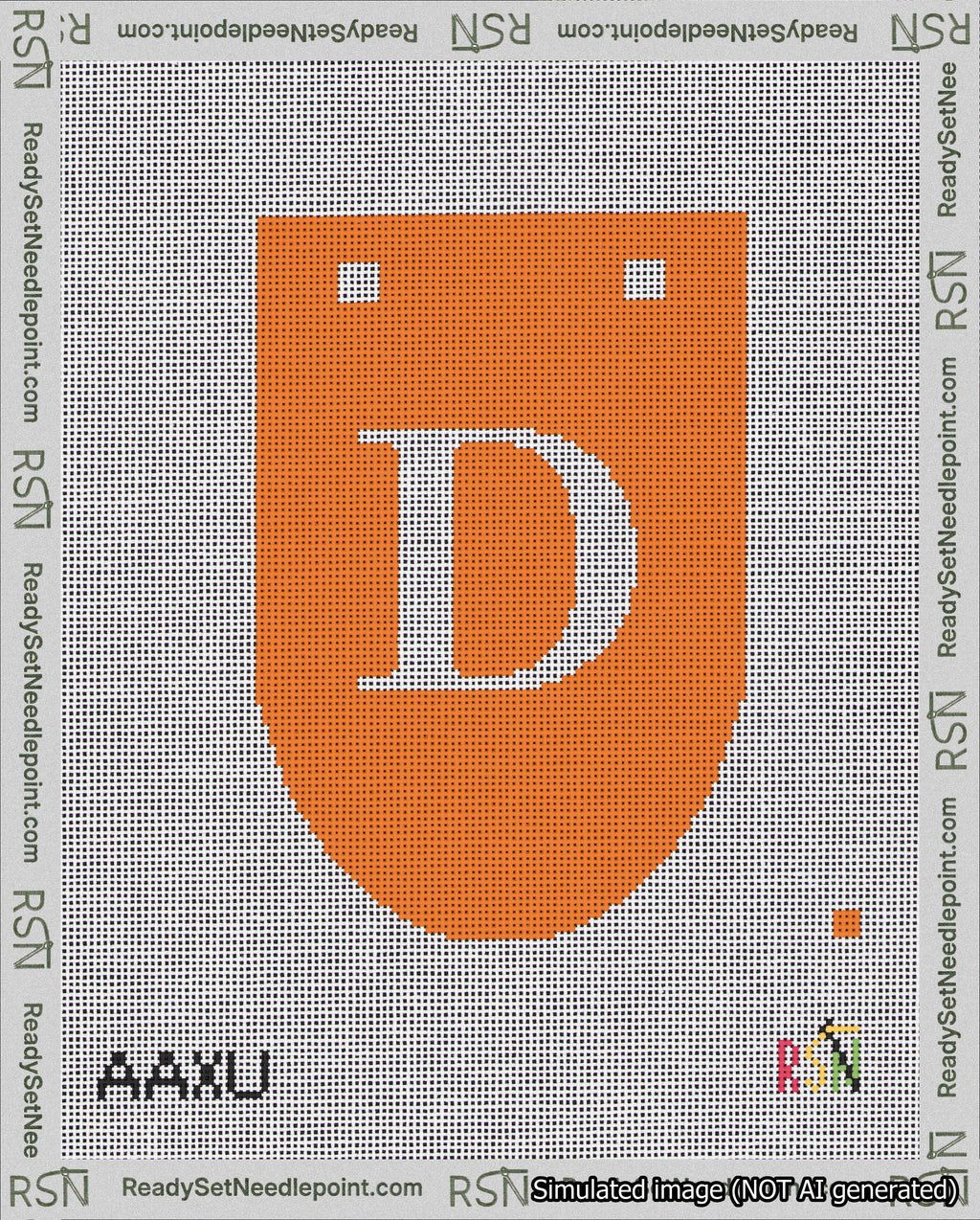 A taped needlepoint canvas with the design: Banner 18 mesh count Rounded D White on Orange.