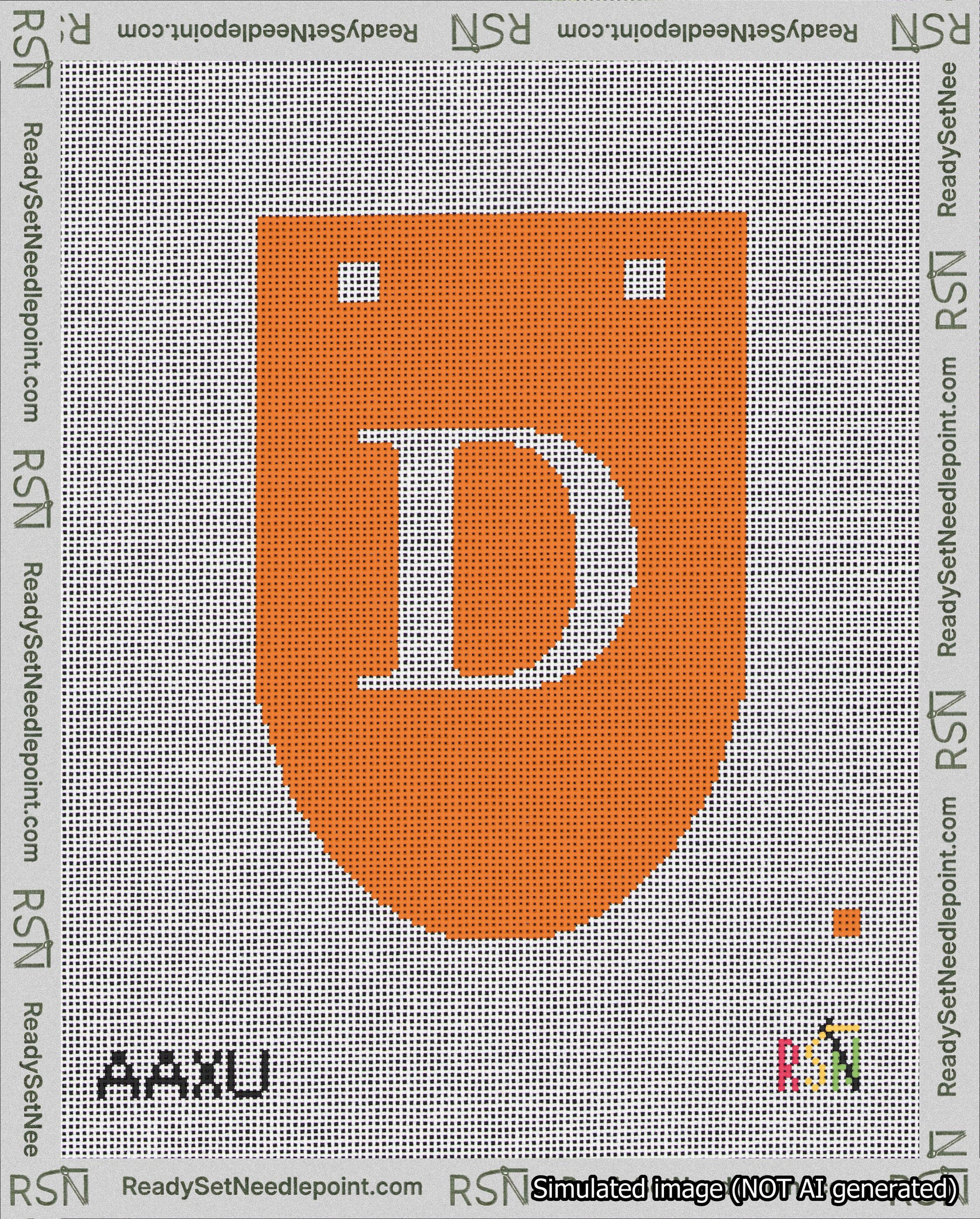 A taped needlepoint canvas with the design: Banner 18 mesh count Rounded D White on Orange.