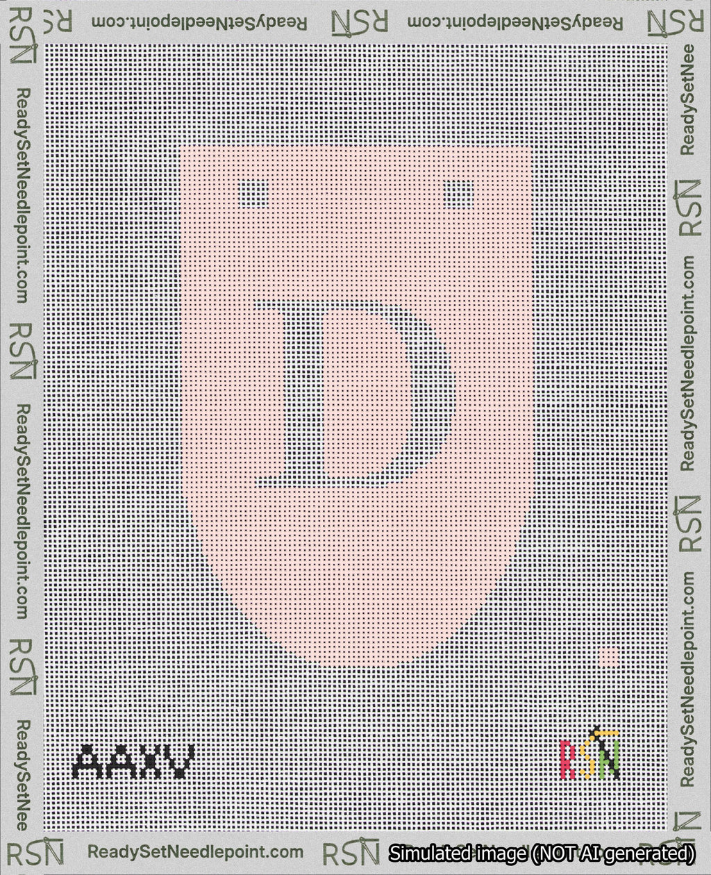 A taped needlepoint canvas with the design: Banner 18 mesh count Rounded D White on Pink.