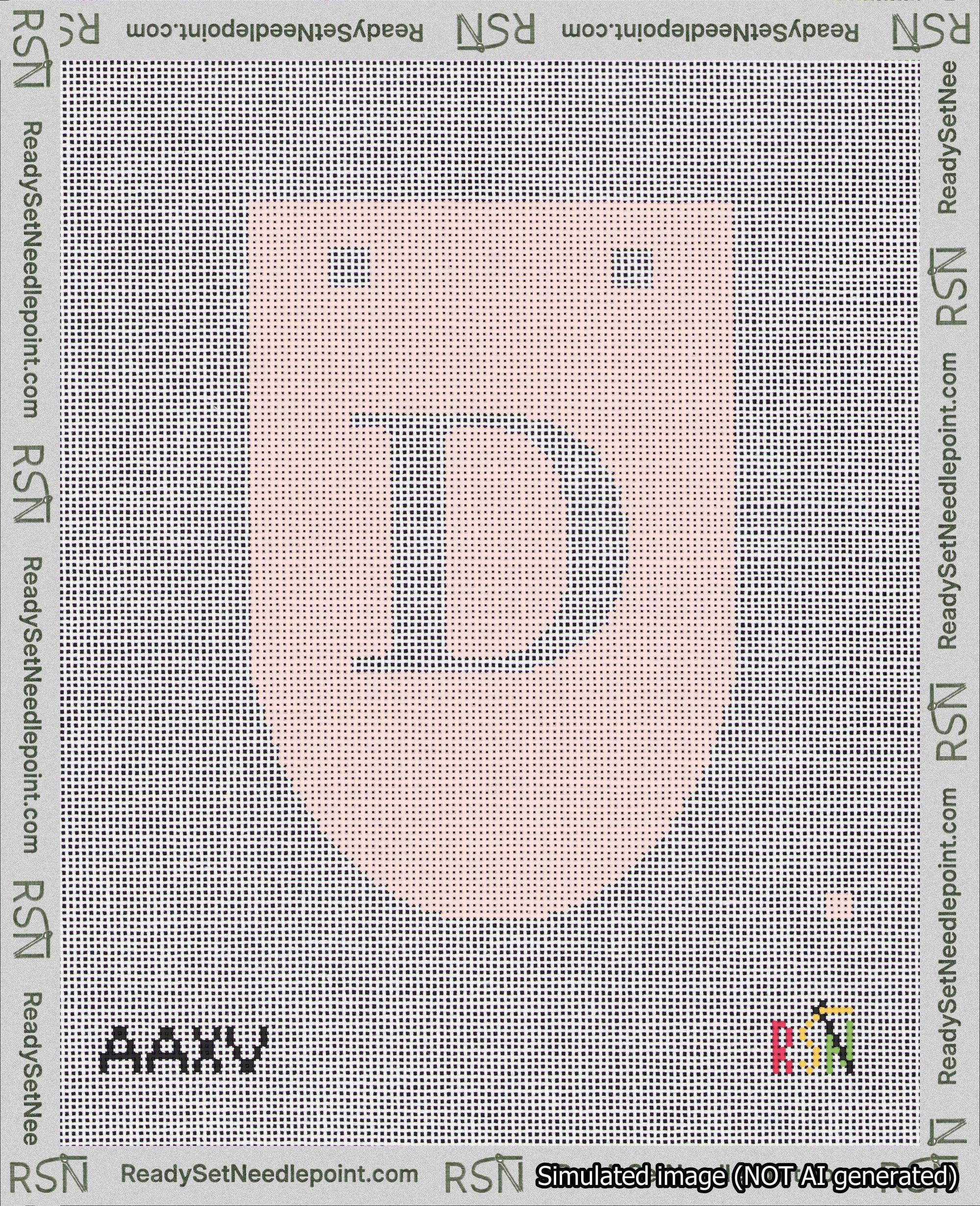A taped needlepoint canvas with the design: Banner 18 mesh count Rounded D White on Pink.