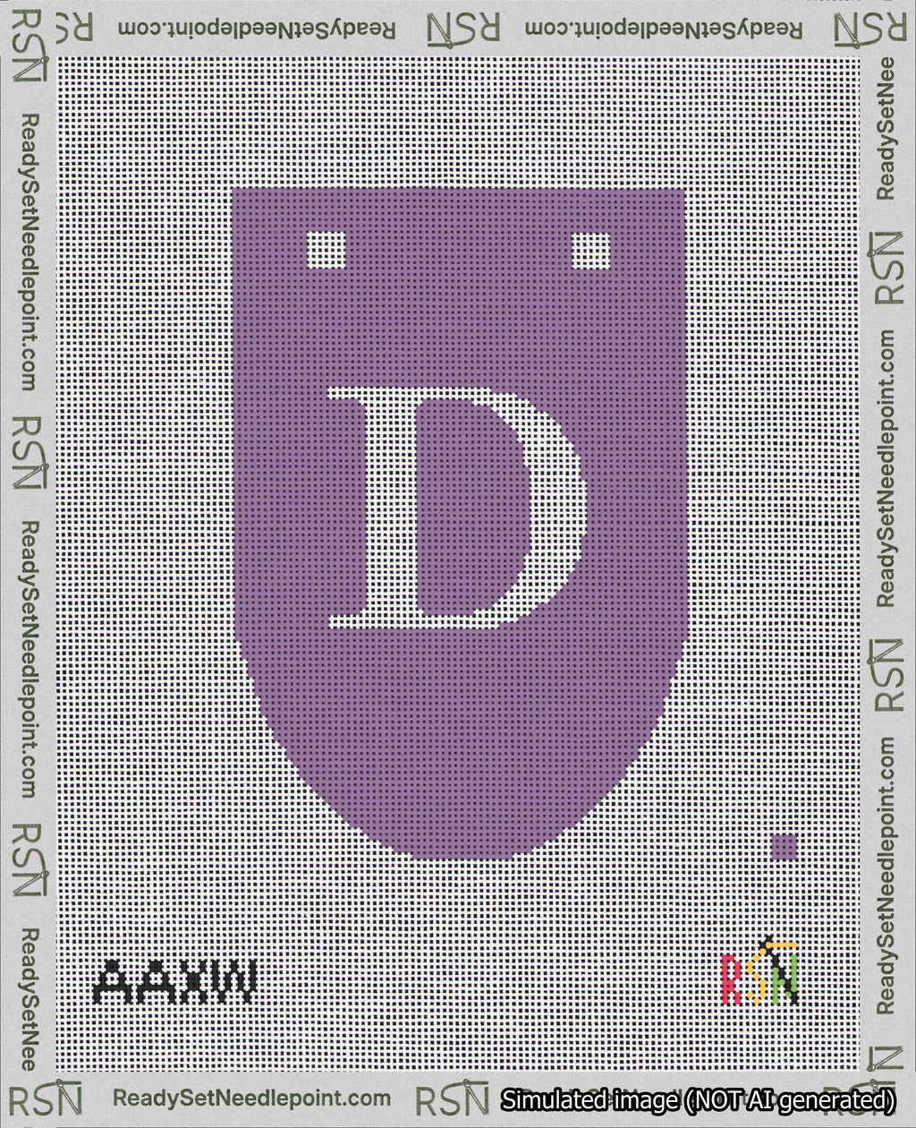 A taped needlepoint canvas with the design: Banner 18 mesh count Rounded D White on Purple.