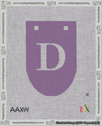 A taped needlepoint canvas with the design: Banner 18 mesh count Rounded D White on Purple.